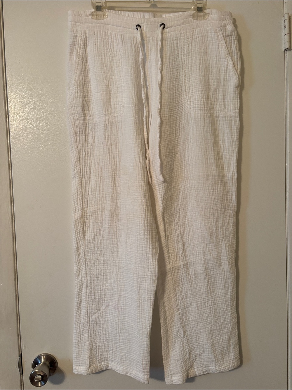 Women's White Straight-Leg Gauzy Cotton Drawstring Pants